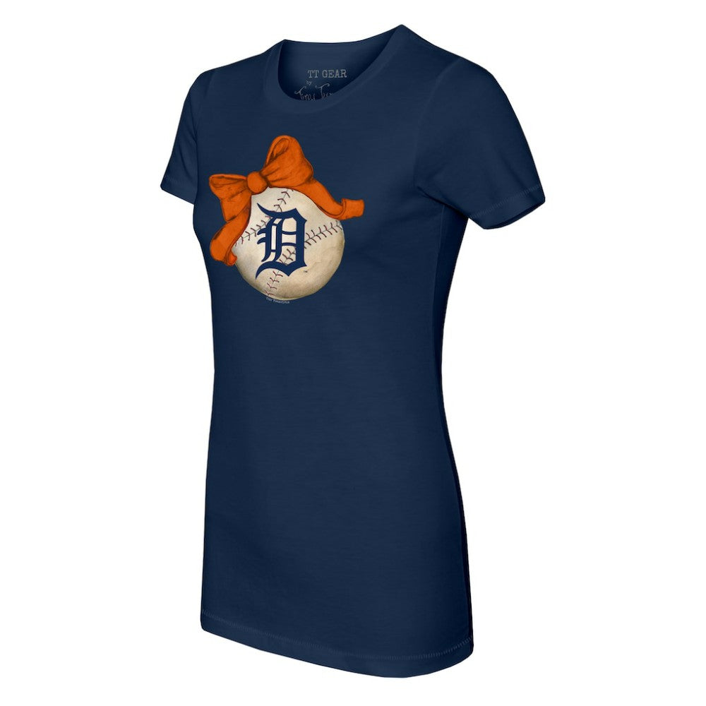 Detroit Tigers Tiny Turnip Women's Baseball Bow T-Shirt - Navy - MLB Discount