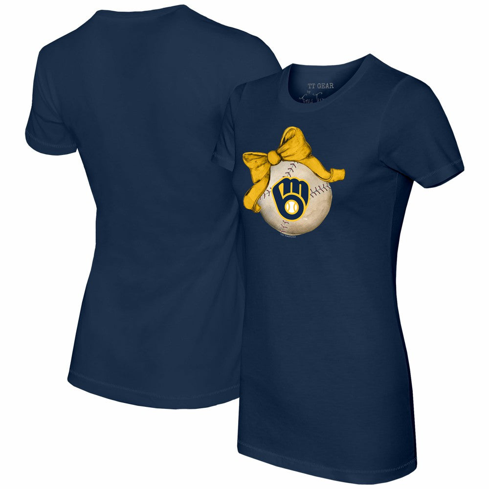 Milwaukee Brewers Tiny Turnip Women's Baseball Bow T-Shirt - Navy - MLB Discount