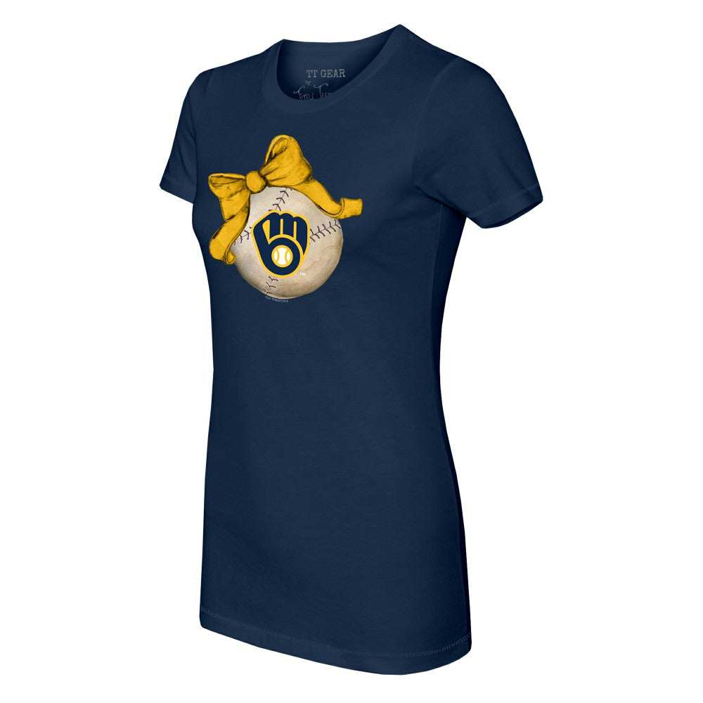 Milwaukee Brewers Tiny Turnip Women's Baseball Bow T-Shirt - Navy - MLB Discount