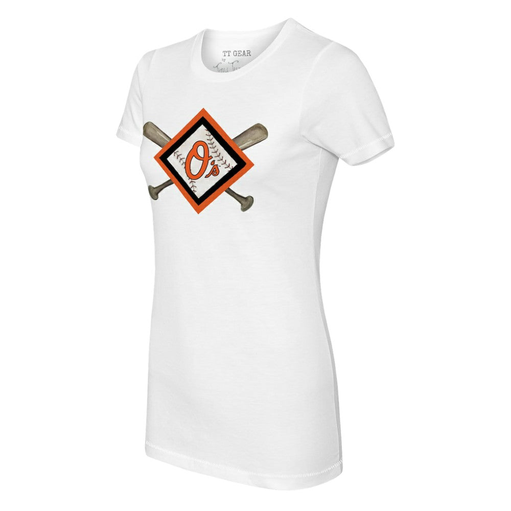 Baltimore Orioles Tiny Turnip Women's Diamond Cross Bats T-Shirt - White - MLB Sale