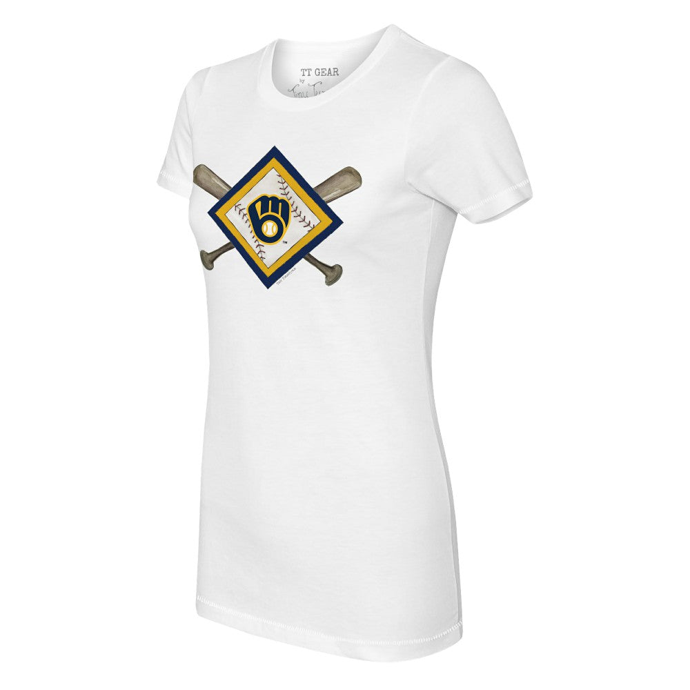 Milwaukee Brewers Tiny Turnip Women's Diamond Cross Bats T-Shirt - White - MLB Lifestyle