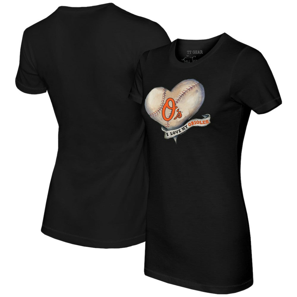 Baltimore Orioles Tiny Turnip Women's Heart Banner T-Shirt - Black - MLB Lifestyle