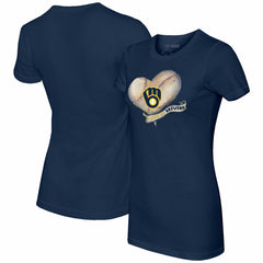 Milwaukee Brewers Tiny Turnip Women's Heart Banner T-Shirt - Navy - MLB on Sale