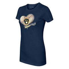 Milwaukee Brewers Tiny Turnip Women's Heart Banner T-Shirt - Navy - MLB on Sale