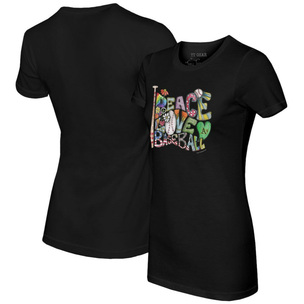 Athletics Tiny Turnip Women's Peace Love Baseball Fitted T-Shirt - Black - MLB Discount