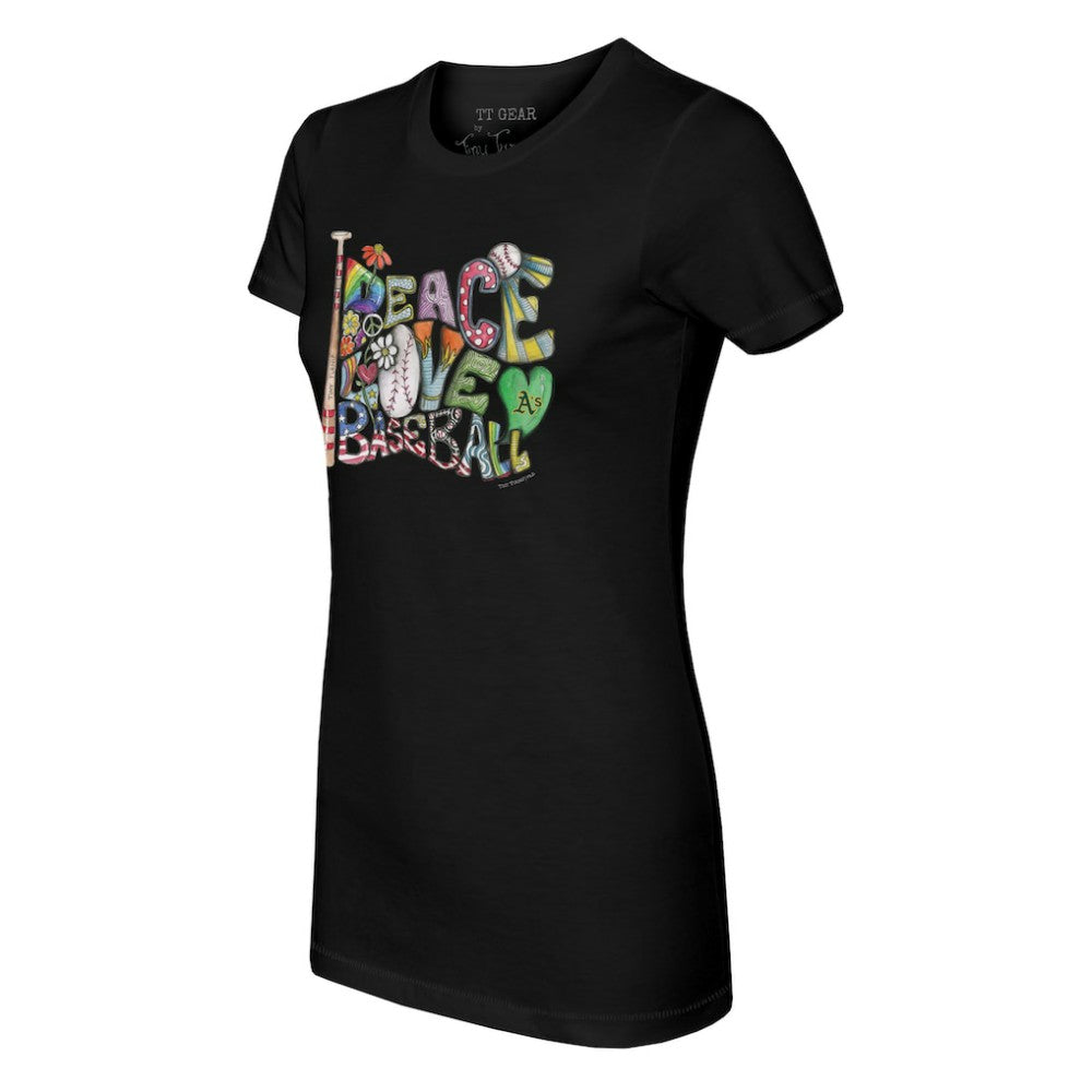 Athletics Tiny Turnip Women's Peace Love Baseball Fitted T-Shirt - Black - MLB Discount