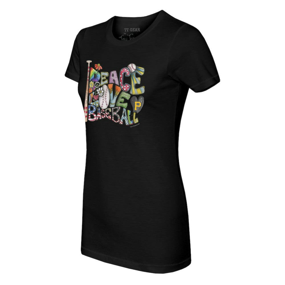 Pittsburgh Pirates Tiny Turnip Women's Peace Love Baseball Fitted T-Shirt - Black - MLB Sale