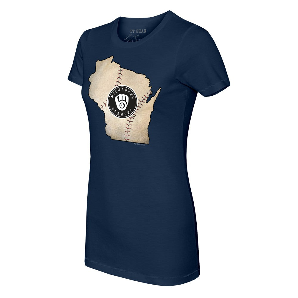 Milwaukee Brewers Tiny Turnip Women's State Outline T-Shirt - Navy - MLB Discount
