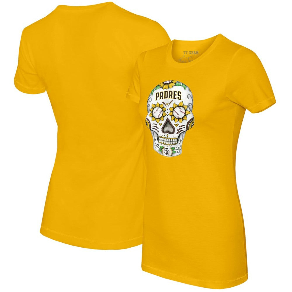 San Diego Padres Tiny Turnip Women's Sugar Skull T-Shirt - Gold - MLB on Sale