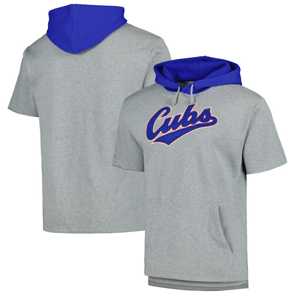 Chicago Cubs Mitchell & Ness Postgame Short Sleeve Pullover Hoodie - Heather Gray - Mitchell & Ness Lifestyle
