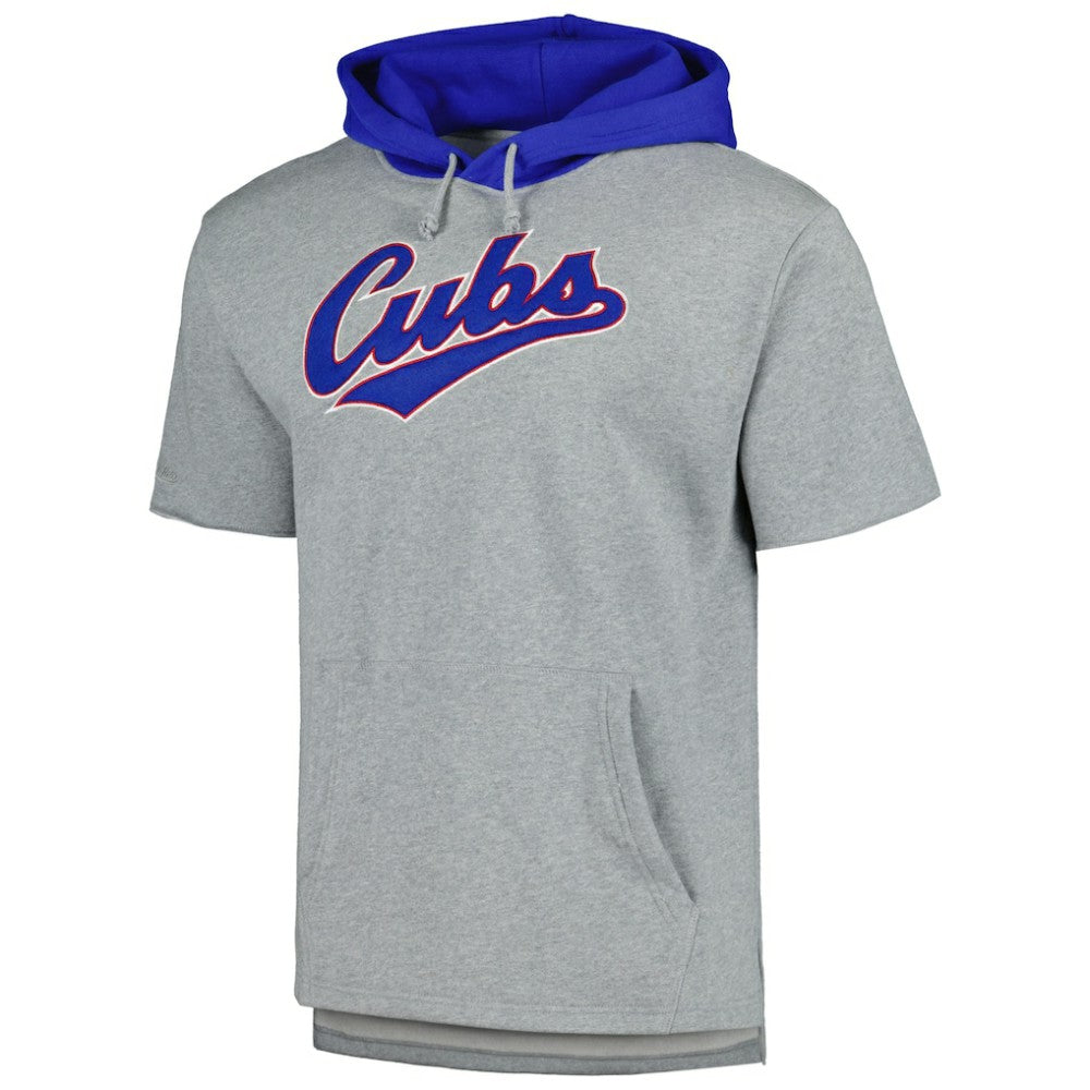 Chicago Cubs Mitchell & Ness Postgame Short Sleeve Pullover Hoodie - Heather Gray - Mitchell & Ness Lifestyle