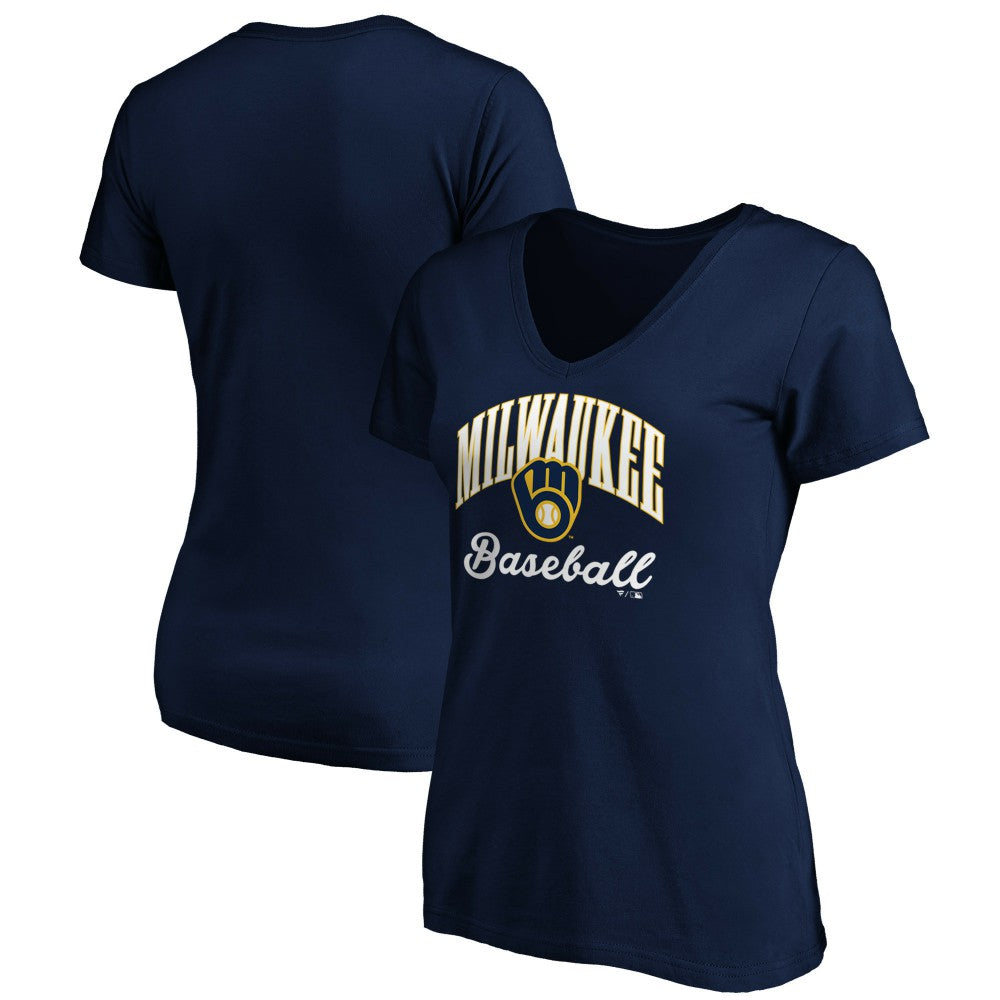 Milwaukee Brewers Women's Core Victory Script V-Neck T-Shirt - Navy - MLB Discount