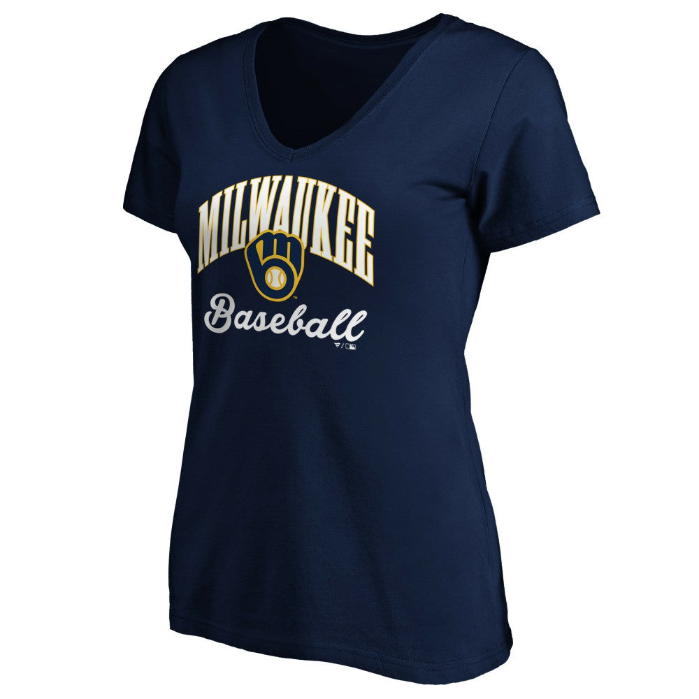 Milwaukee Brewers Women's Core Victory Script V-Neck T-Shirt - Navy - MLB Discount