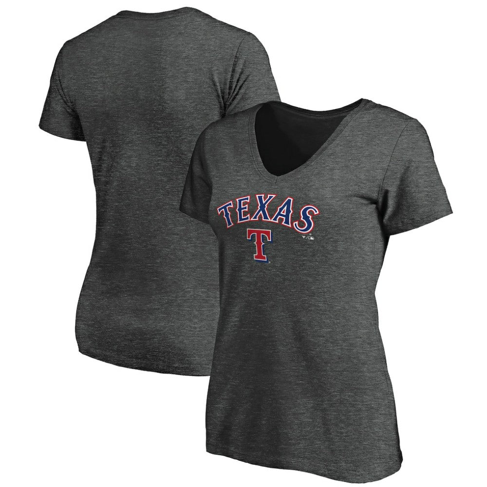 Texas Rangers Women's Core Team Lock Up Wordmark V-Neck T-Shirt - Charcoal - MLB Discount