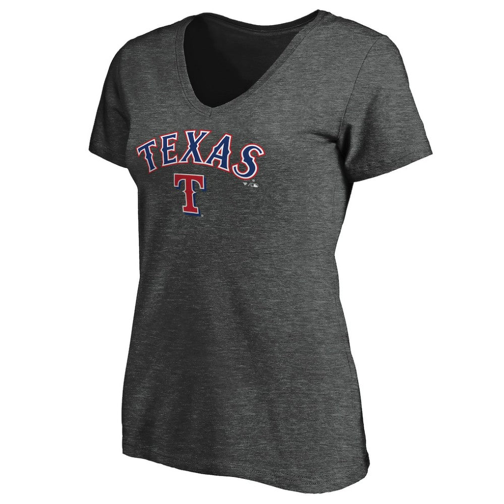 Texas Rangers Women's Core Team Lock Up Wordmark V-Neck T-Shirt - Charcoal - MLB Discount