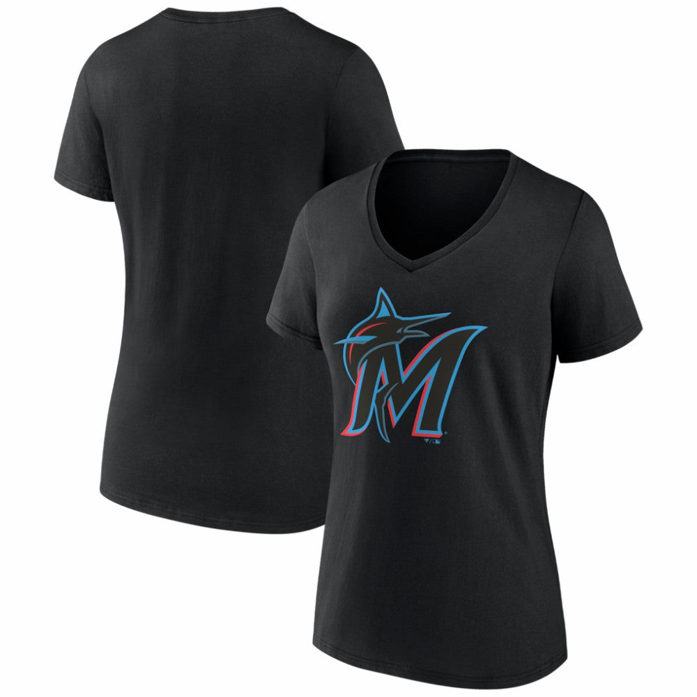 Miami Marlins Women's Logo V-Neck T-Shirt - Black - MLB Sale