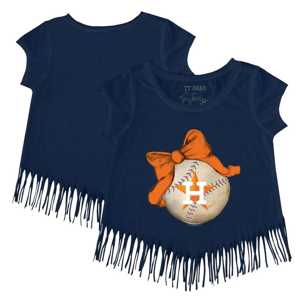 Houston Astros Tiny Turnip Girls Youth Baseball Bow Fringe T-Shirt - Navy - MLB Lifestyle
