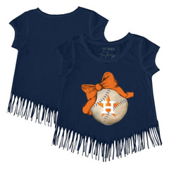 Houston Astros Tiny Turnip Girls Youth Baseball Bow Fringe T-Shirt - Navy - MLB Lifestyle
