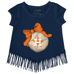 Houston Astros Tiny Turnip Girls Youth Baseball Bow Fringe T-Shirt - Navy - MLB Lifestyle