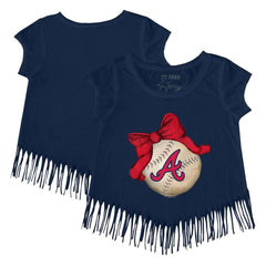 Atlanta Braves Tiny Turnip Girls Youth Baseball Bow Fringe T-Shirt - Navy - MLB Discount
