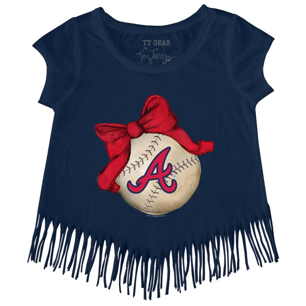 Atlanta Braves Tiny Turnip Girls Youth Baseball Bow Fringe T-Shirt - Navy - MLB Discount