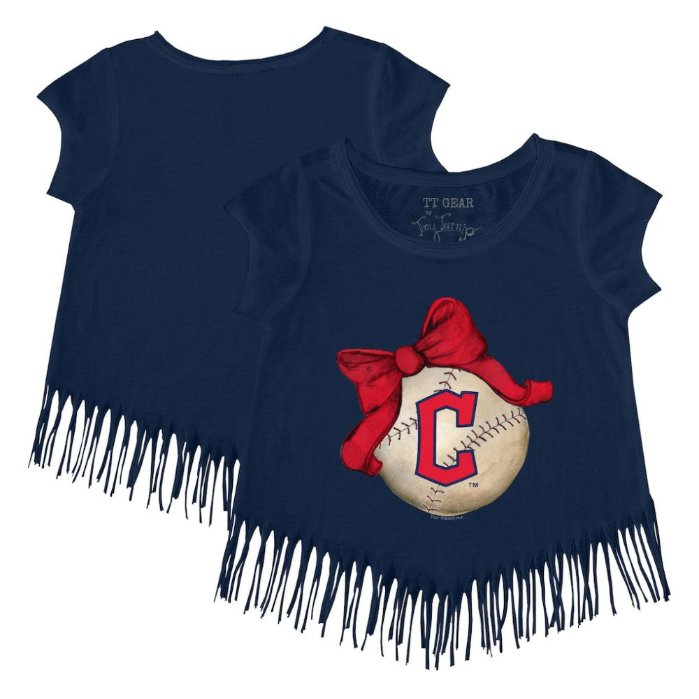 Cleveland Guardians Tiny Turnip Girls Youth Baseball Bow Fringe T-Shirt - Navy - MLB on Sale