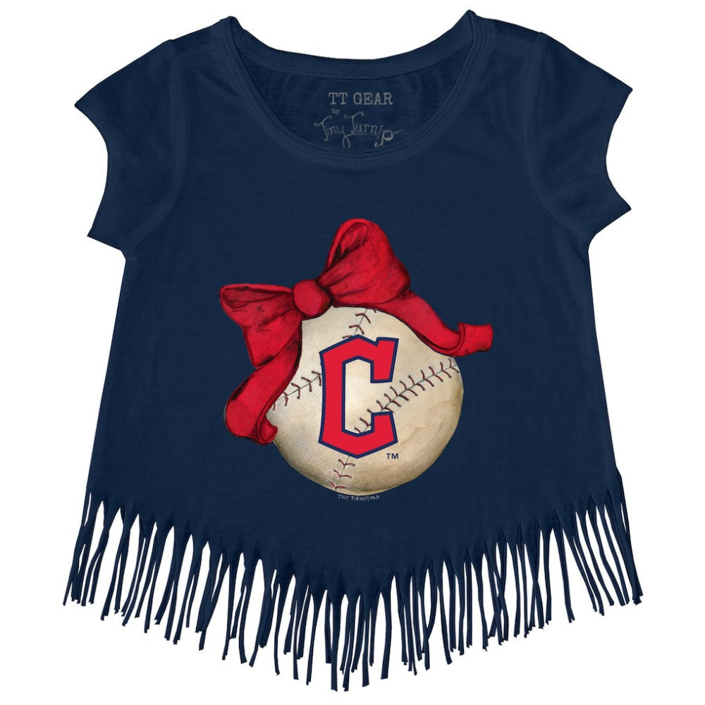 Cleveland Guardians Tiny Turnip Girls Youth Baseball Bow Fringe T-Shirt - Navy - MLB on Sale