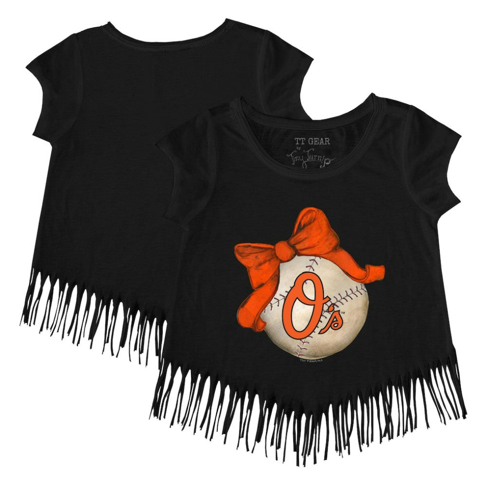 Baltimore Orioles Tiny Turnip Girls Youth Baseball Bow Fringe T-Shirt - Black - MLB Online