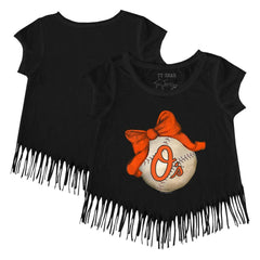 Baltimore Orioles Tiny Turnip Girls Youth Baseball Bow Fringe T-Shirt - Black - MLB Online