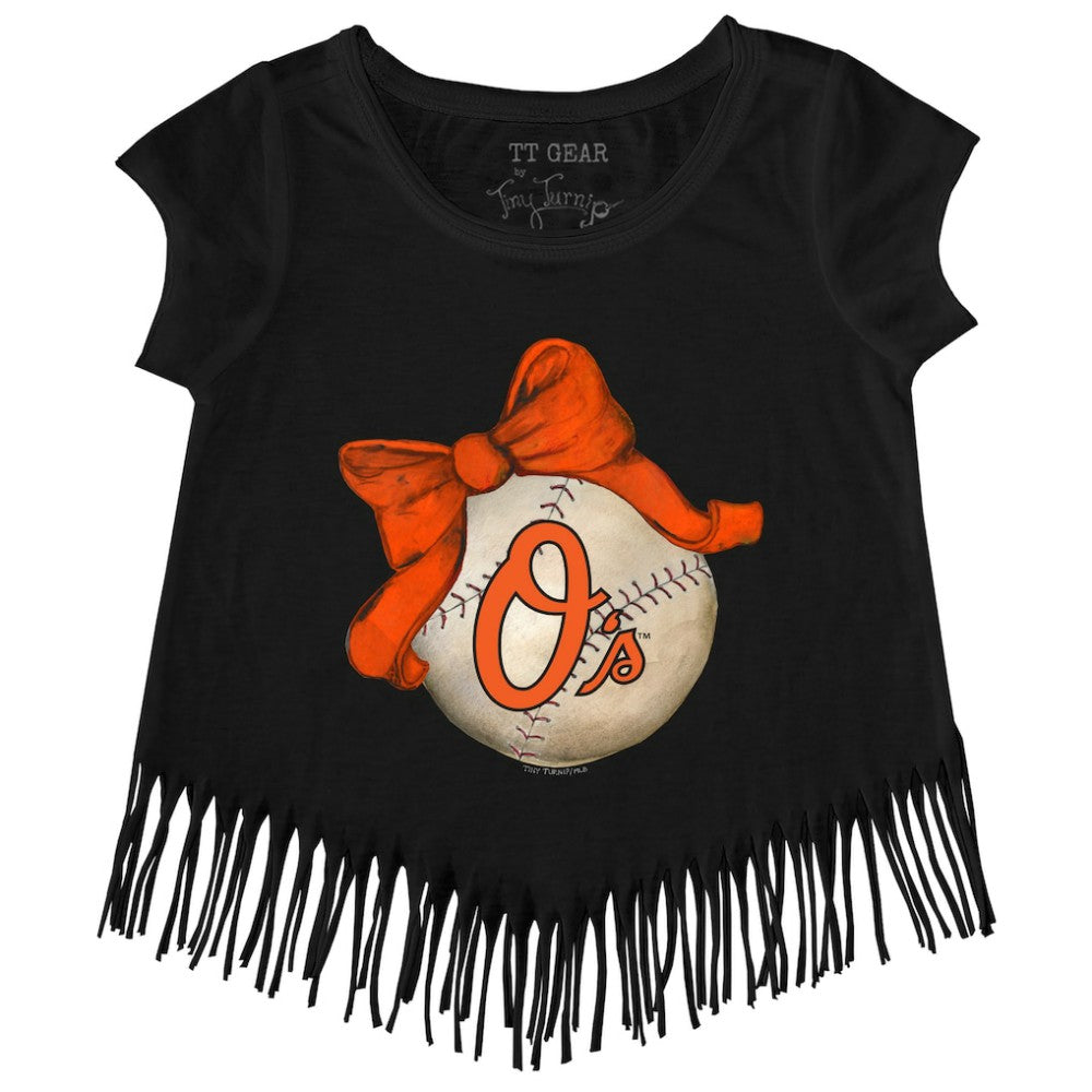 Baltimore Orioles Tiny Turnip Girls Youth Baseball Bow Fringe T-Shirt - Black - MLB Online