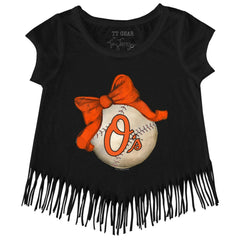 Baltimore Orioles Tiny Turnip Girls Youth Baseball Bow Fringe T-Shirt - Black - MLB Online