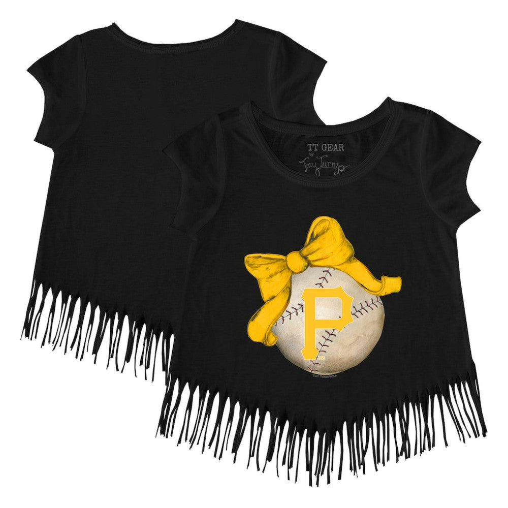 Pittsburgh Pirates Tiny Turnip Girls Youth Baseball Bow Fringe T-Shirt - Black - MLB on Sale
