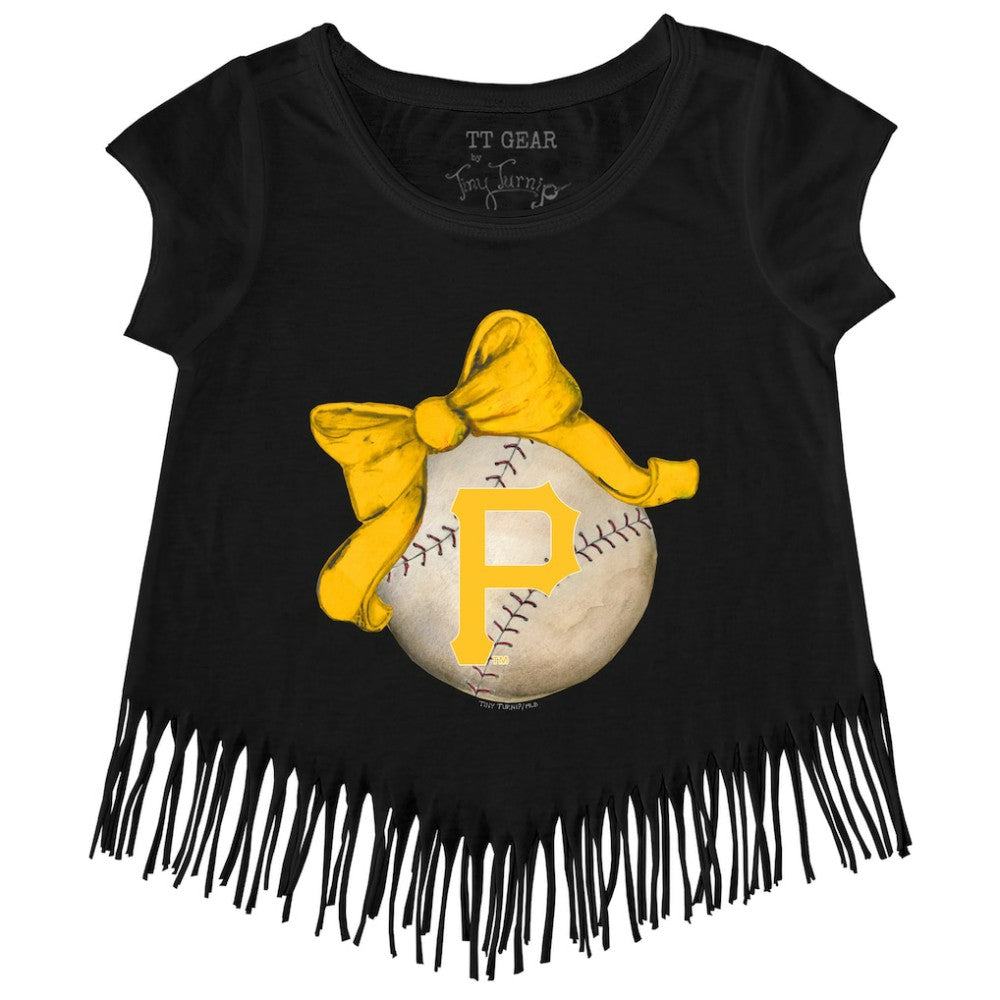 Pittsburgh Pirates Tiny Turnip Girls Youth Baseball Bow Fringe T-Shirt - Black - MLB on Sale
