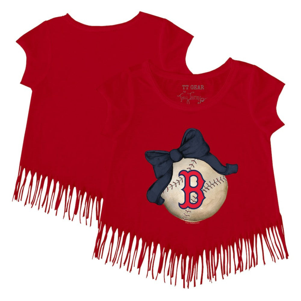 Boston Red Sox Tiny Turnip Girls Youth Baseball Bow Fringe T-Shirt - Red - MLB on Sale