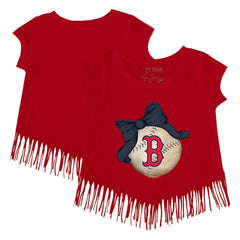 Boston Red Sox Tiny Turnip Girls Youth Baseball Bow Fringe T-Shirt - Red - MLB on Sale