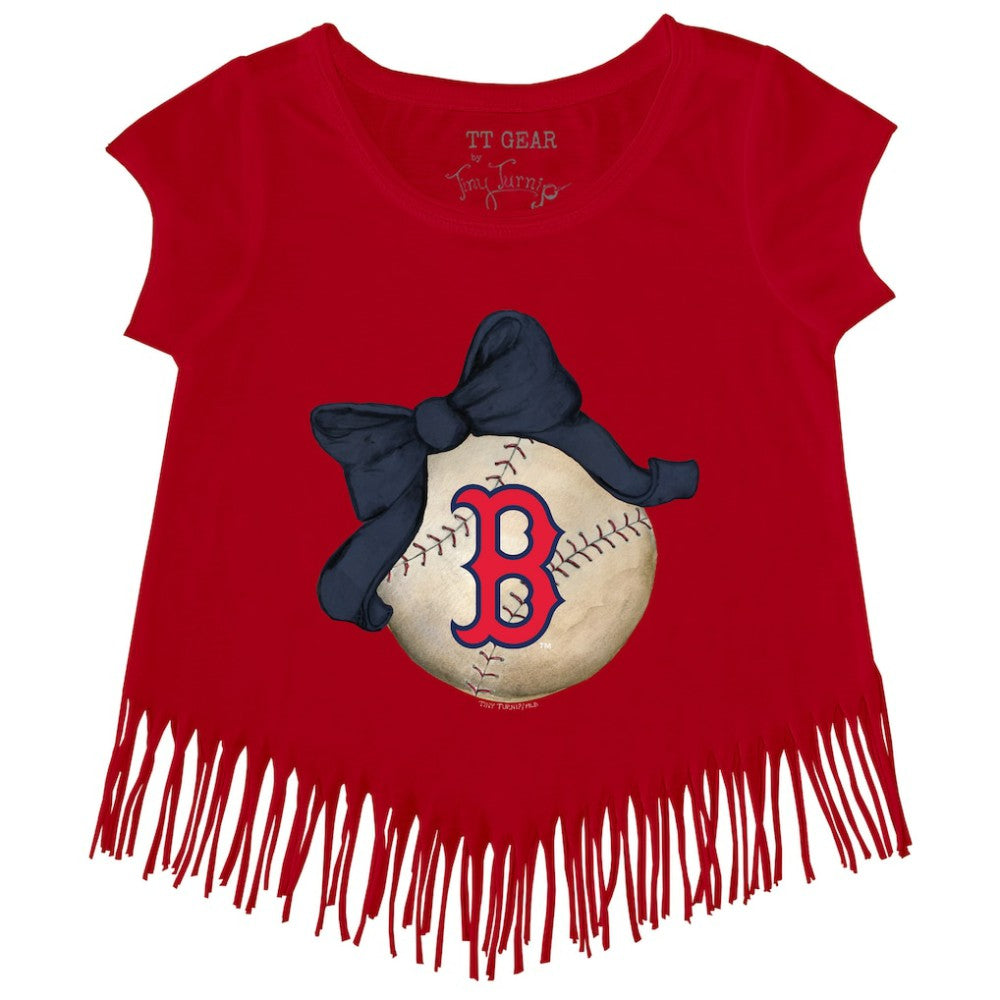 Boston Red Sox Tiny Turnip Girls Youth Baseball Bow Fringe T-Shirt - Red - MLB on Sale