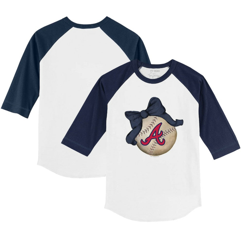 Atlanta Braves Tiny Turnip Youth Baseball Bow 3/4-Sleeve Raglan T-Shirt - White/Navy - MLB Lifestyle