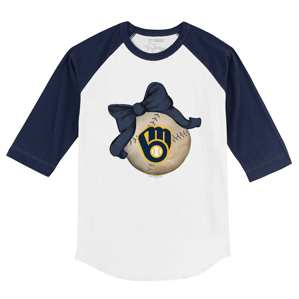 Milwaukee Brewers Tiny Turnip Youth Baseball Bow 3/4-Sleeve Raglan T-Shirt - White/Navy - MLB Sale