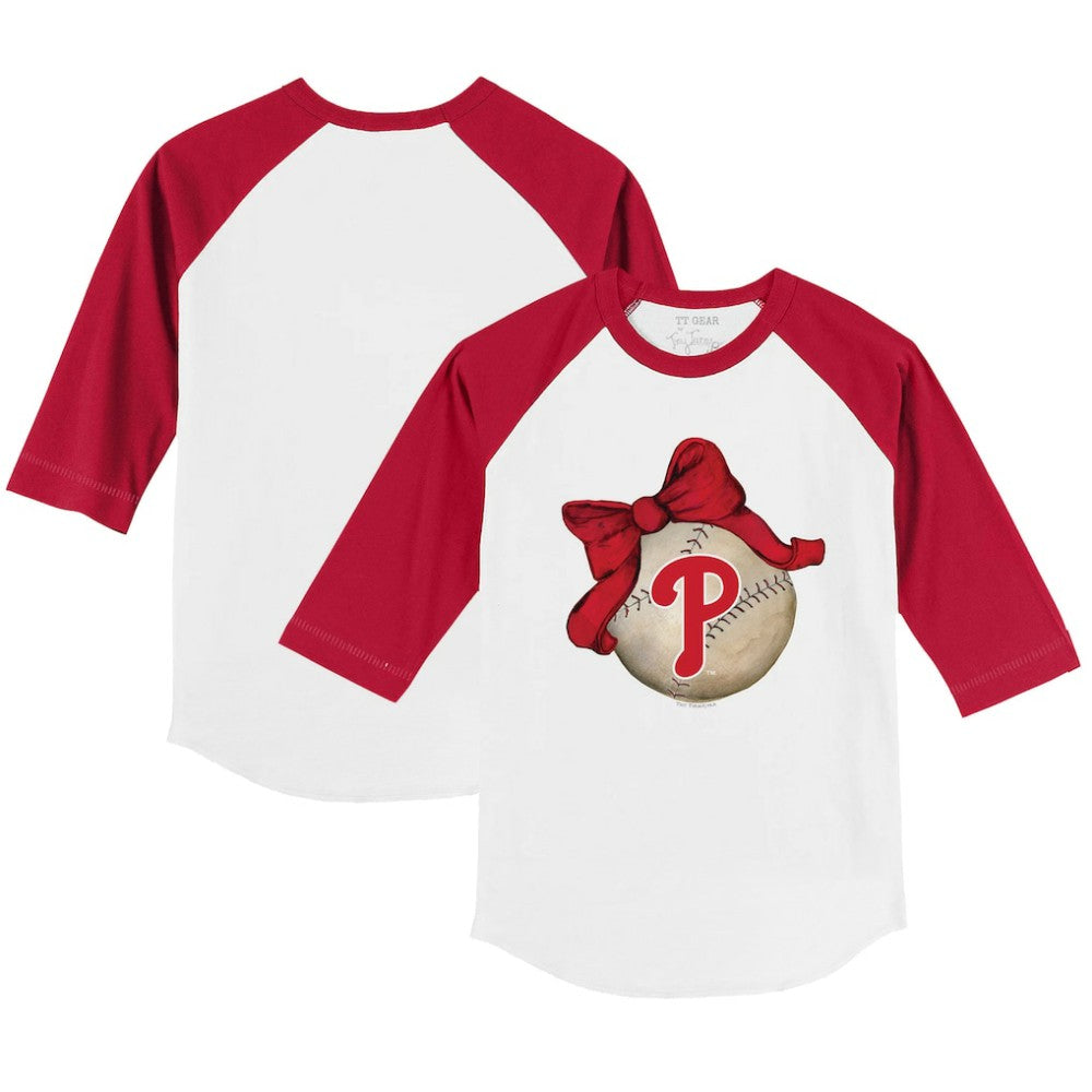 Philadelphia Phillies Tiny Turnip Youth Baseball Bow 3/4-Sleeve Raglan T-Shirt - White/Red - MLB Discount