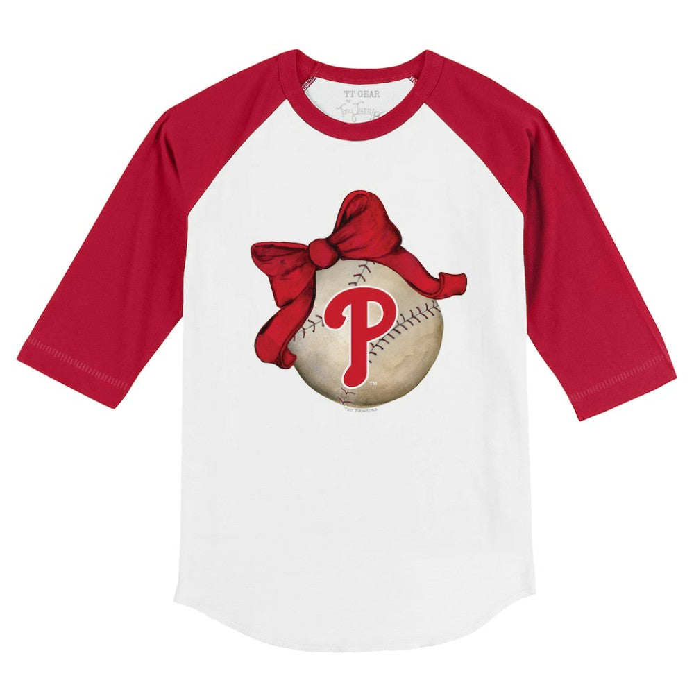 Philadelphia Phillies Tiny Turnip Youth Baseball Bow 3/4-Sleeve Raglan T-Shirt - White/Red - MLB Discount