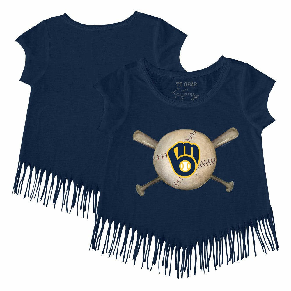 Milwaukee Brewers Tiny Turnip Girls Youth Baseball Cross Bats Fringe T-Shirt - Navy - MLB Lifestyle