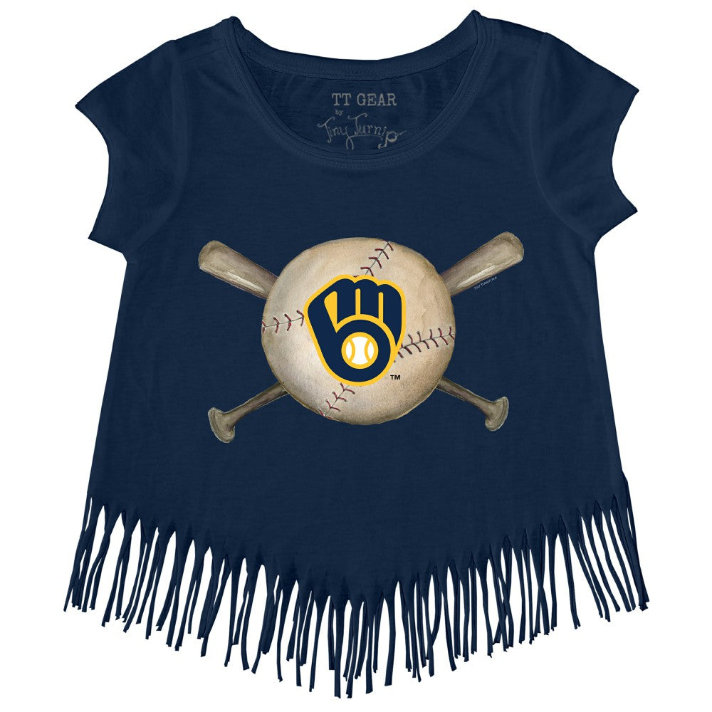Milwaukee Brewers Tiny Turnip Girls Youth Baseball Cross Bats Fringe T-Shirt - Navy - MLB Lifestyle