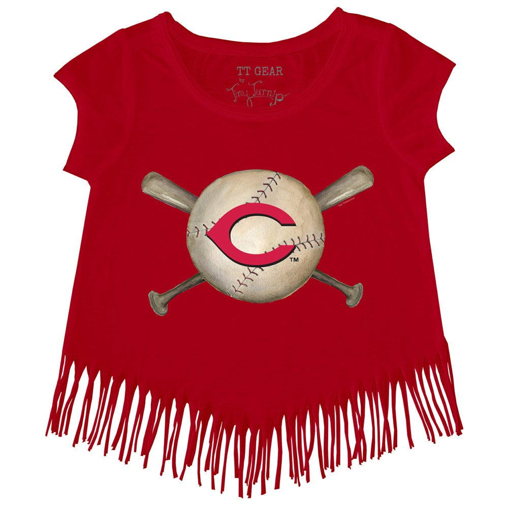 Cincinnati Reds Tiny Turnip Girls Youth Baseball Cross Bats Fringe T-Shirt - Red - MLB Sale