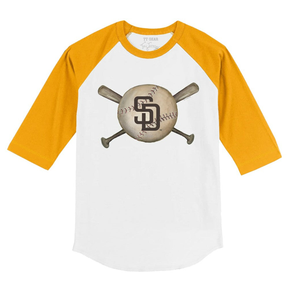 San Diego Padres Tiny Turnip Youth Baseball Cross Bats 3/4-Sleeve Raglan T-Shirt - White/Gold - MLB Sale
