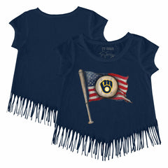 Milwaukee Brewers Tiny Turnip Girls Youth Baseball Flag Fringe T-Shirt - Navy - MLB on Sale