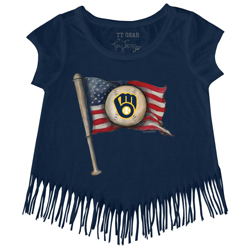 Milwaukee Brewers Tiny Turnip Girls Youth Baseball Flag Fringe T-Shirt - Navy - MLB on Sale