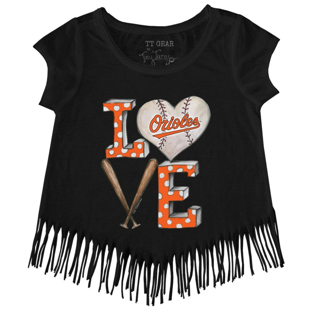 Baltimore Orioles Tiny Turnip Girls Youth Baseball Love Fringe T-Shirt - Black - MLB Sale