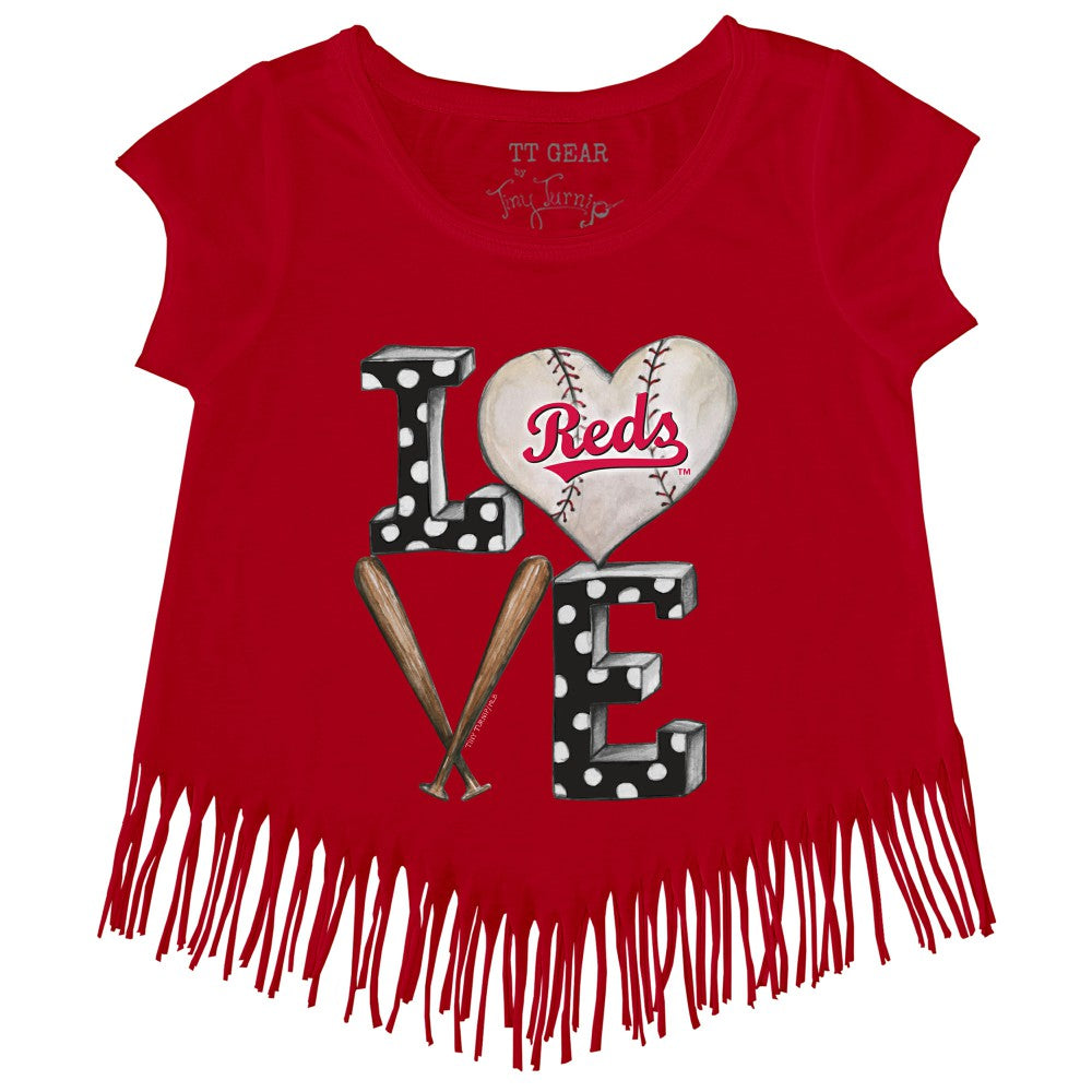 Cincinnati Reds Tiny Turnip Girls Youth Baseball Love Fringe T-Shirt - Red - MLB Sale