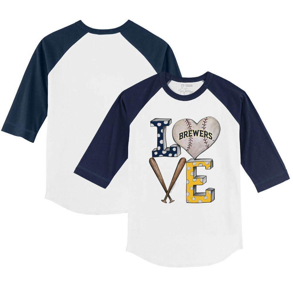 Milwaukee Brewers Tiny Turnip Youth Baseball Love 3/4-Sleeve Raglan T-Shirt - White/Navy - MLB Online
