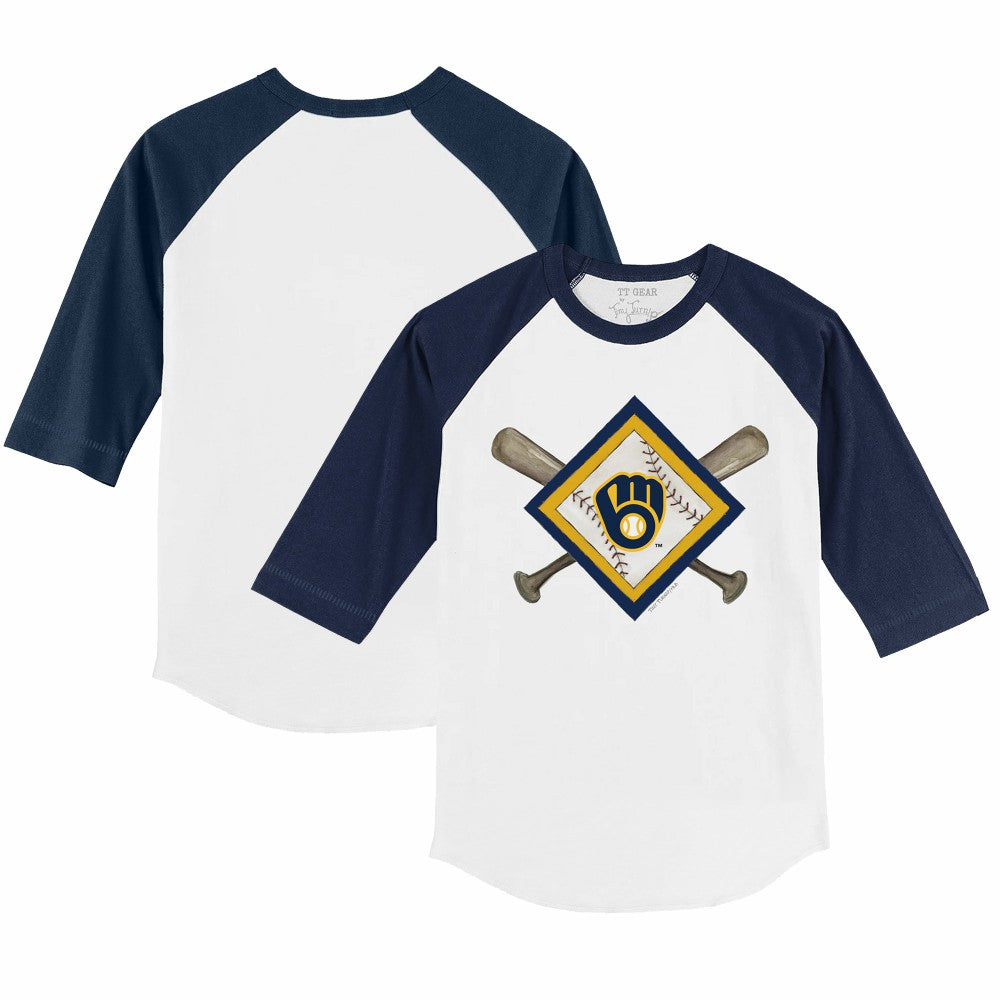 Milwaukee Brewers Tiny Turnip Youth Diamond Cross Bats 3/4-Sleeve Raglan T-Shirt - White/Navy - MLB on Sale
